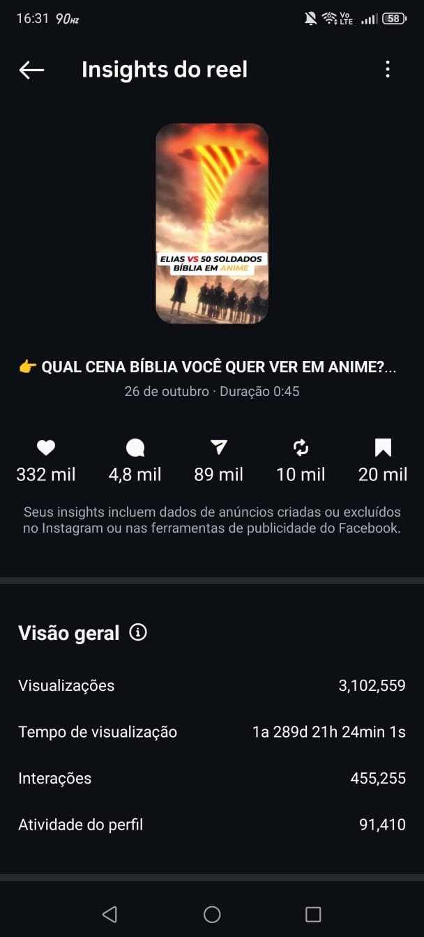 Print do celular com vídeo de 2,4M de visualizações em 44 segundos